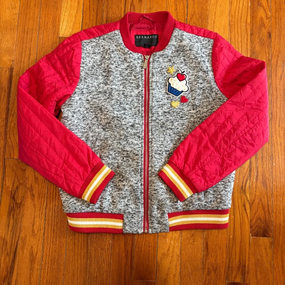Bernardo Youth Sz 14/16 Grey Red Varsity Jacket Cupcake Patch Full Zip Pockets